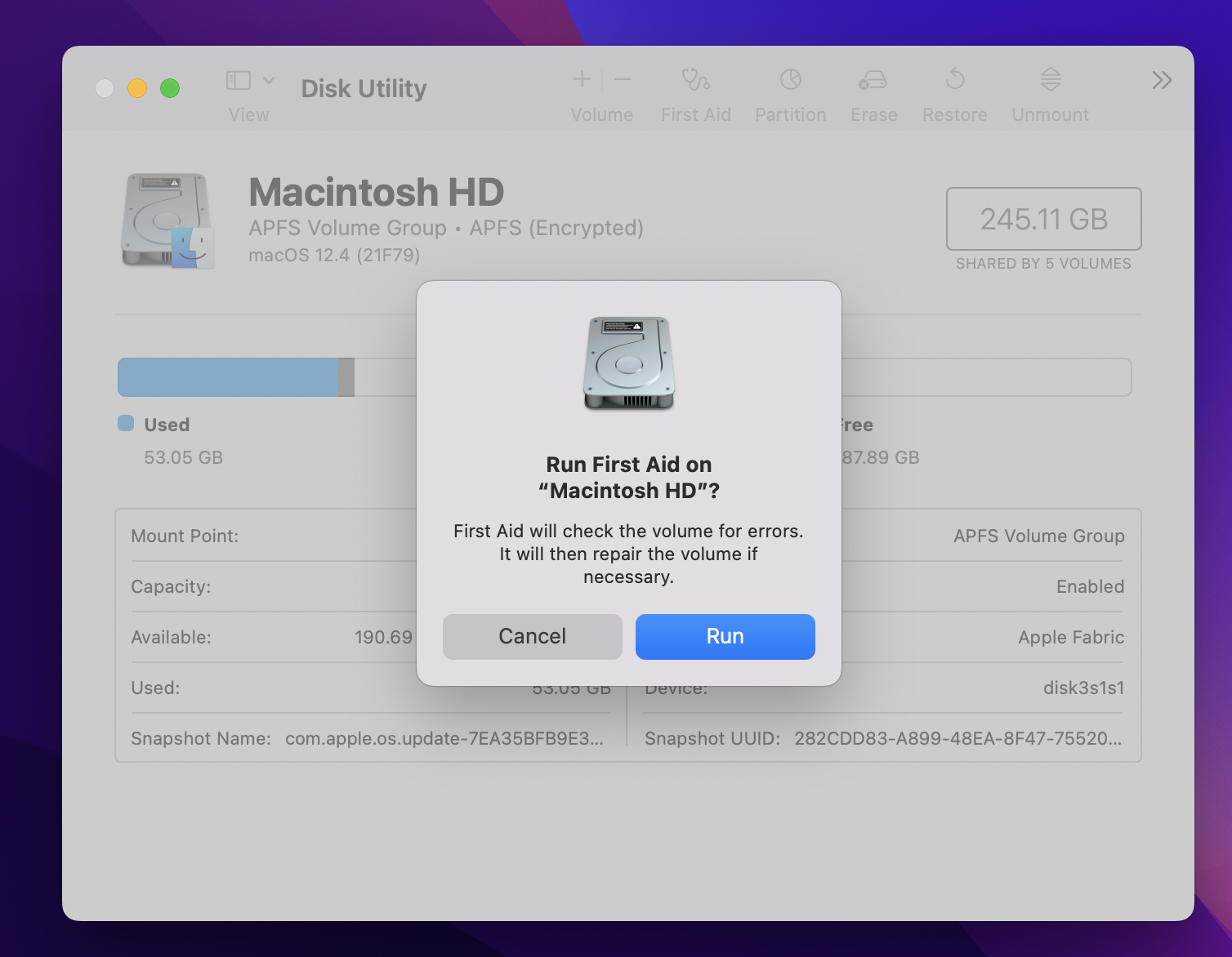 Run Disk Utility First Aid popup Run Disk Utility First Aid popup
