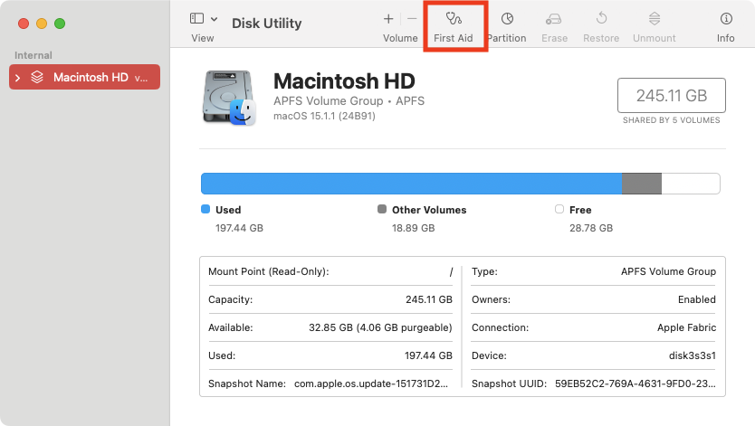 Using the macOS Disk Utility app, you can run a First Aid scan on your system disk, which may be able to help with your Mac's loading problems. Open the tool in Recovery Mode and click 'First Aid'. Using the macOS Disk Utility app, you can run a First Aid scan on your system disk, which may be able to help with your Mac's loading problems. Open the tool in Recovery Mode and click 'First Aid'.