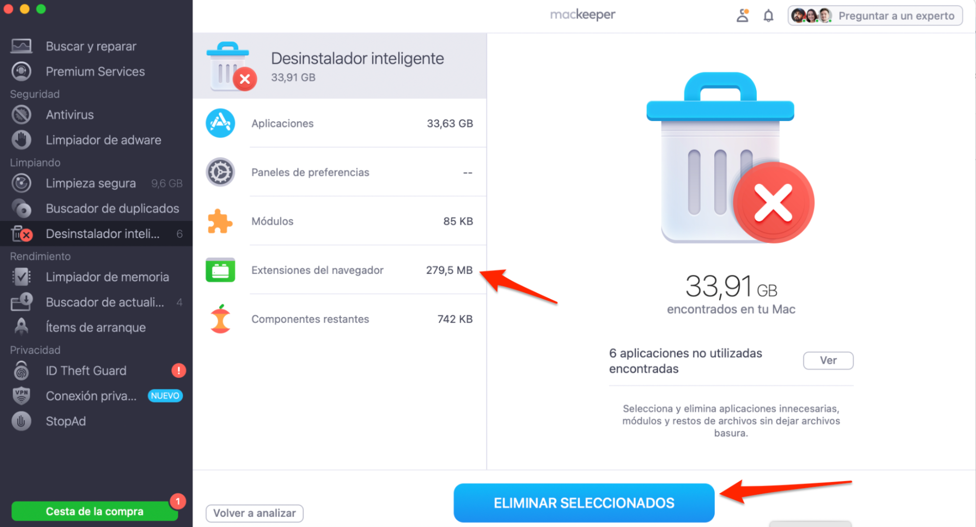 MacKeeper en macOS Monterey muestra la herramienta Desinstalador inteligente. Selecciona Extensiones del navegador, elige las extensiones que deseas eliminar y, a continuación, haz clic en Eliminar seleccionados.