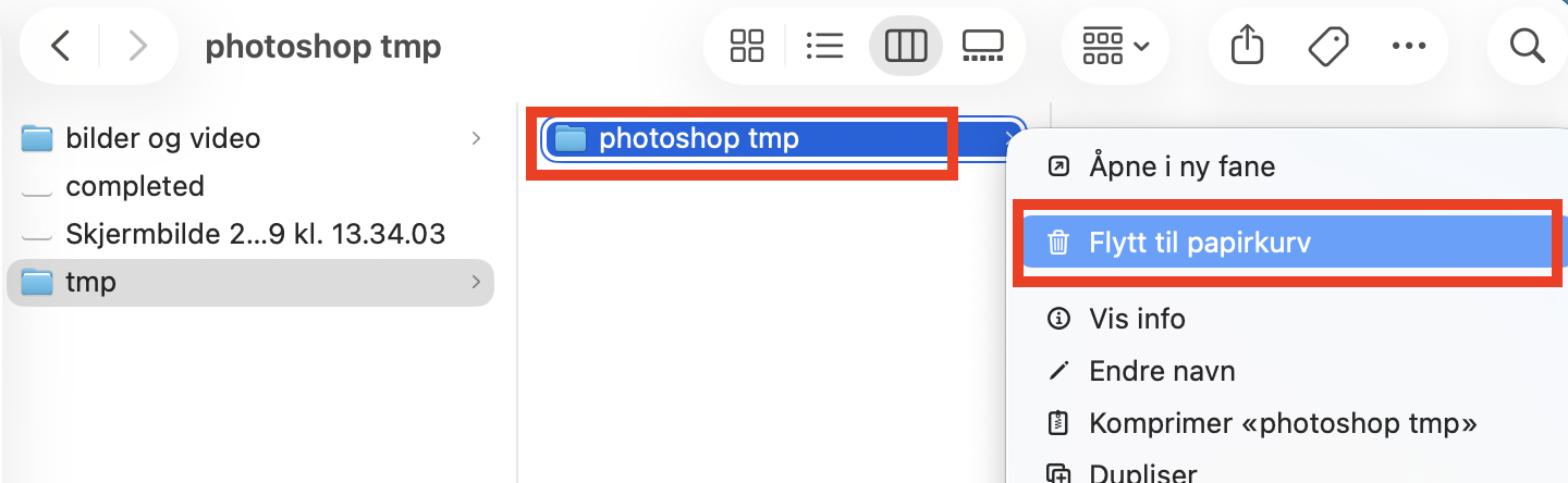Mappen tmp vist i Finder på Mac. Finn midlertidige Photoshop-filer, og slett dem for å frigjøre plass.
