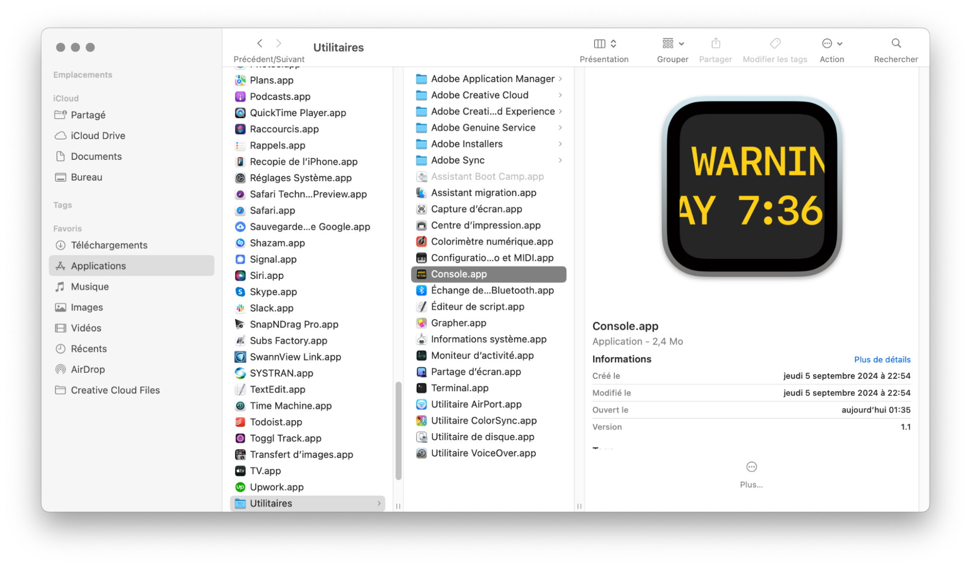 Pour savoir si vous avez des problèmes de panique du noyau sur votre Mac, allez dans le Finder et ouvrez Utilitaires > Console. À partir de là, vous pouvez voir les différentes mesures à prendre, le cas échéant.