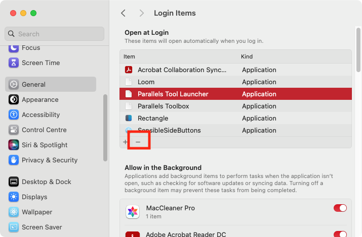 To remove a login item, you just select it from the list, then click the minus button. That process should no longer load at boot time.