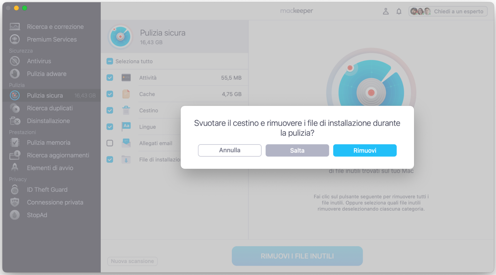 Fai clic su Rimuovi per svuotare il Cestino e completare il processo.