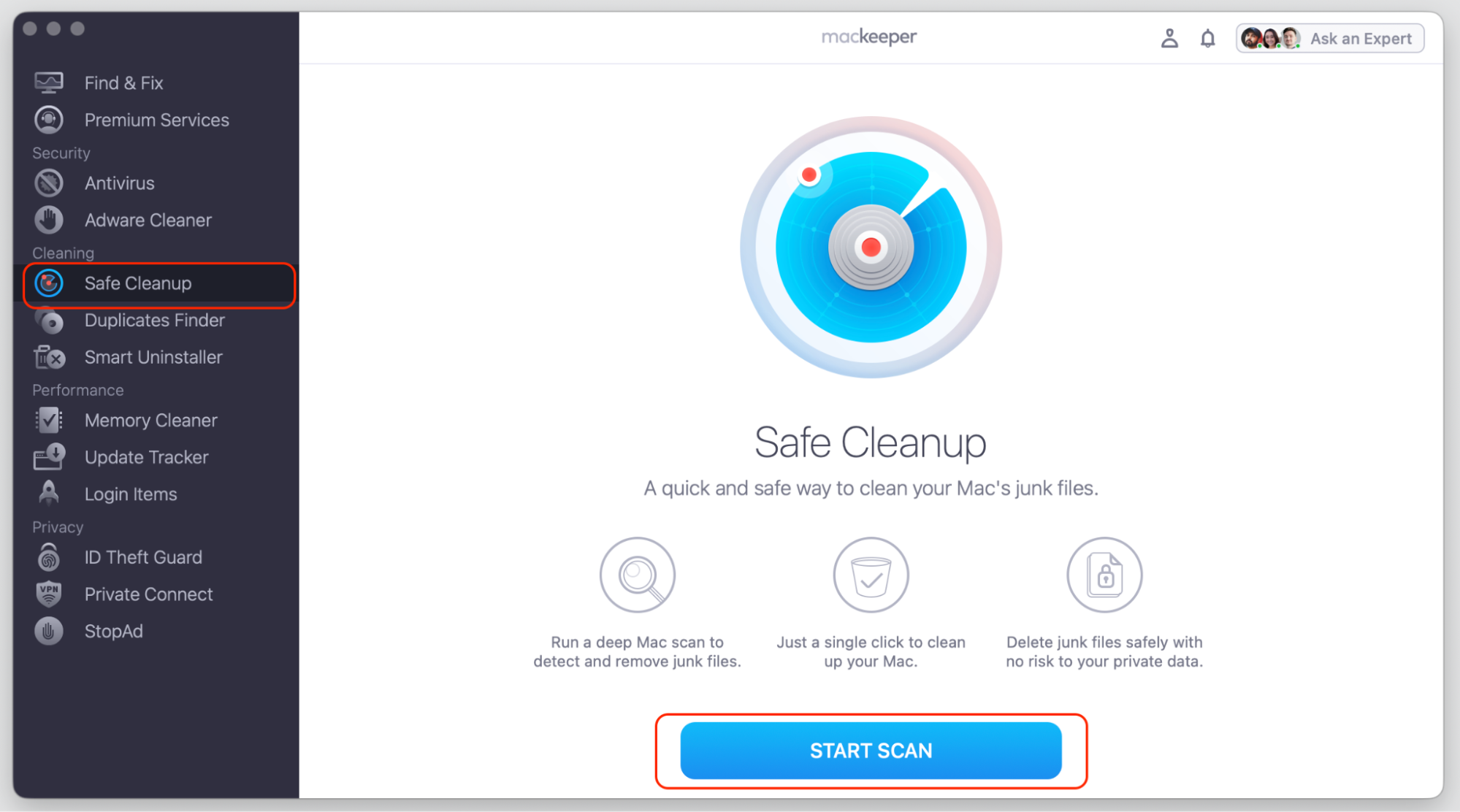 MacKeeper's Safe Cleanup tab on macOS Tahoe with the Start Scan button to find junk files, freeing space for the update on a Mac.