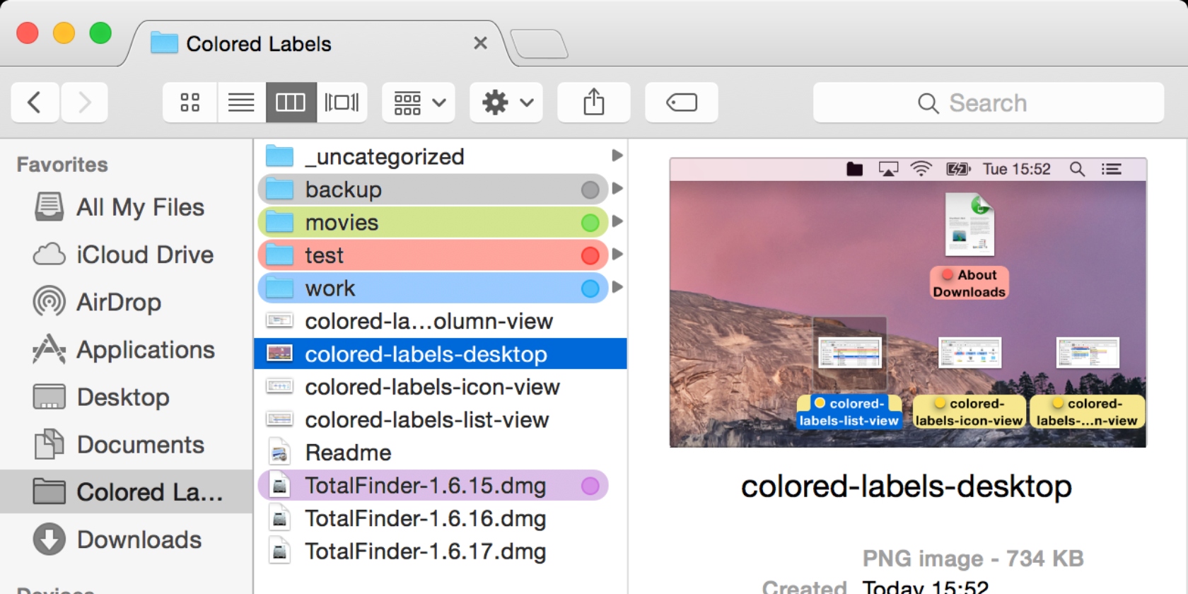 TotalFinder interface mockup with a tab open and colored labels. https://totalfinder.binaryage.com/