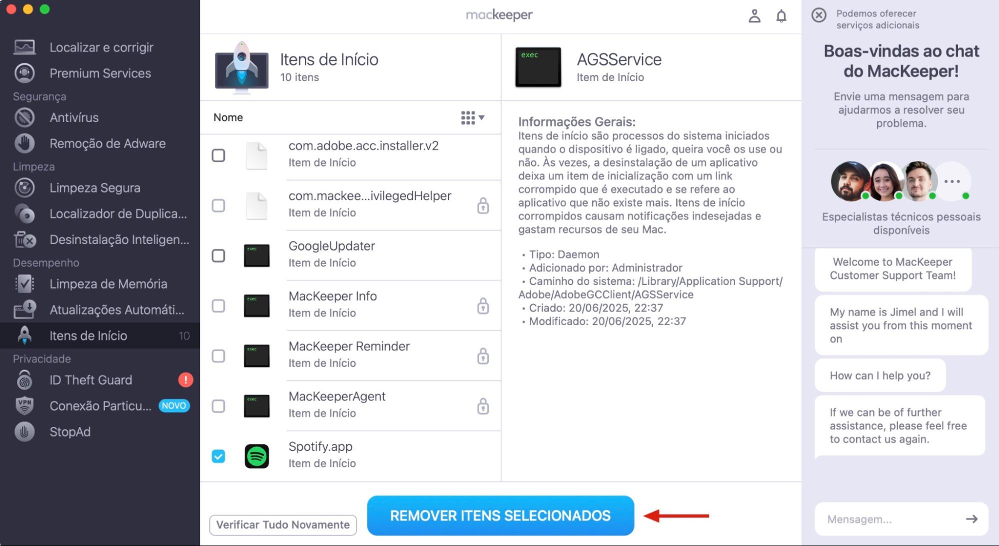 O MacKeeper no Mac exibe a ferramenta Itens de Início de Sessão. Após selecionar os aplicativos que você não quer que sejam executados na inicialização, clique em Remover Itens Selecionados.