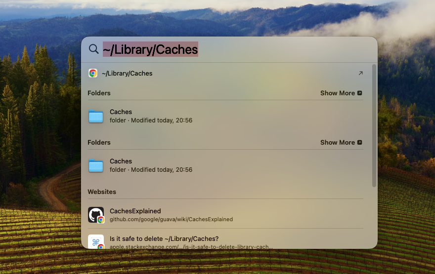 Press Cmd + Space to open Spotlight. From there, you can get to the Caches folder by typing '~/Libary/Caches' and selecting 'Caches' from the list.