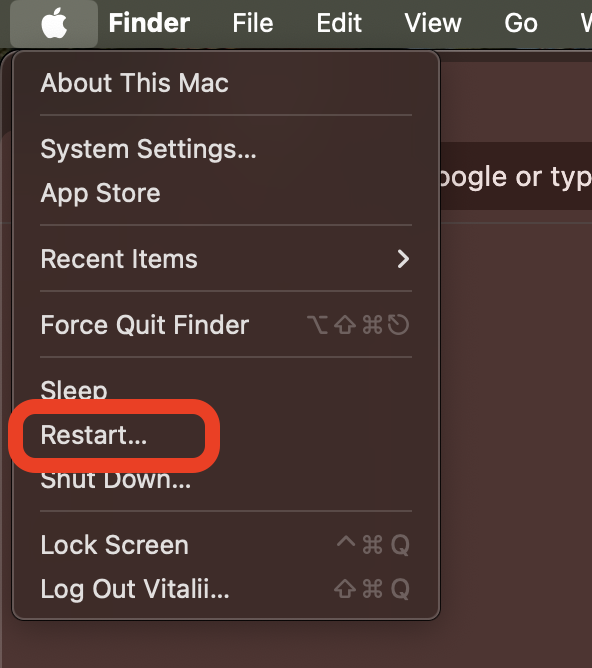 Apple menu opened on macOS showing the Restart option, used to reboot a MacBook and reset the Chrome Crashpad Handler background process.