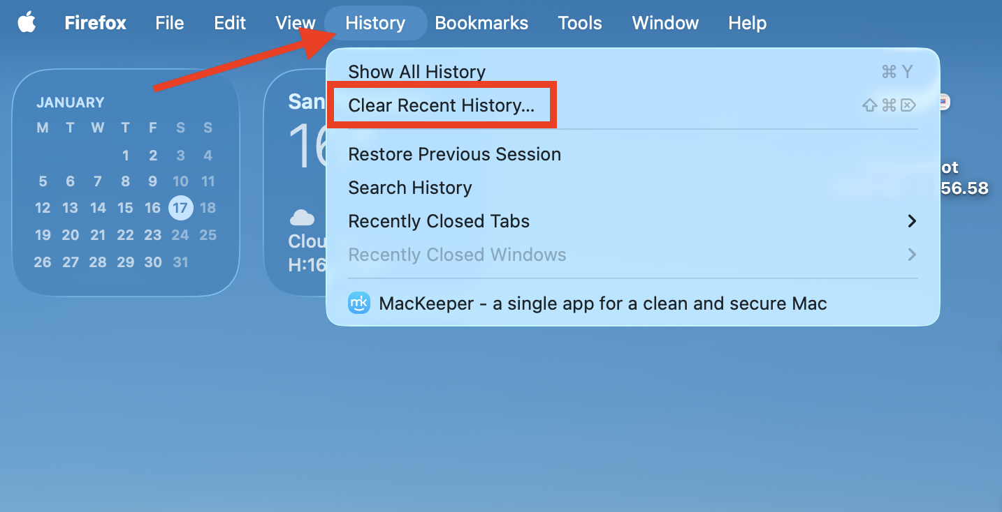 The option to Clear Recent History inside the History menu for Mozilla Firefox on Mac. Choose this when you want to clear the Google Drive cache on Mac within the Firefox browser.
