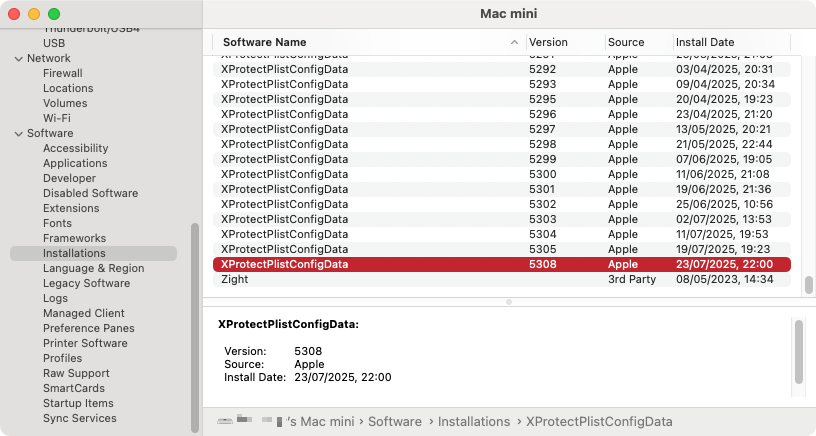 In the System Information panel, navigate to Software > Installations. Scroll down to where it says 'XProtectPlistConfigData'. Look at the intall dates and select the most recent file.