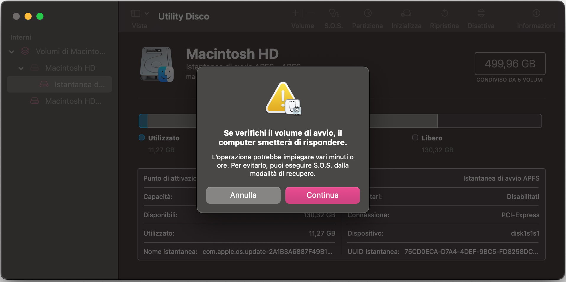 Utility Disco su Mac avvisa che S.O.S. causerà l'arresto temporaneo del computer. Selezionando Continua, S.O.S. potrà essere eseguito e riparare eventuali permessi del disco.