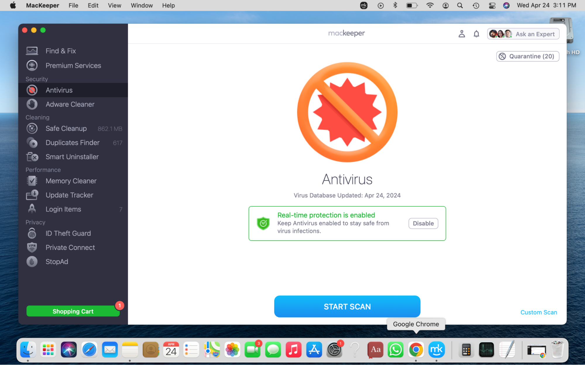 MacKeeper's Antivirus tool offers great virus and malware protection. To use it, open the app and click on Antivirus in the sidebar. Enable real-time protection and hit the Start Scan button.