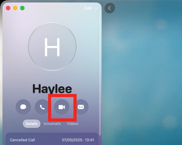 Select one of your recent contacts, then click the video calling button to initiate a new video call.