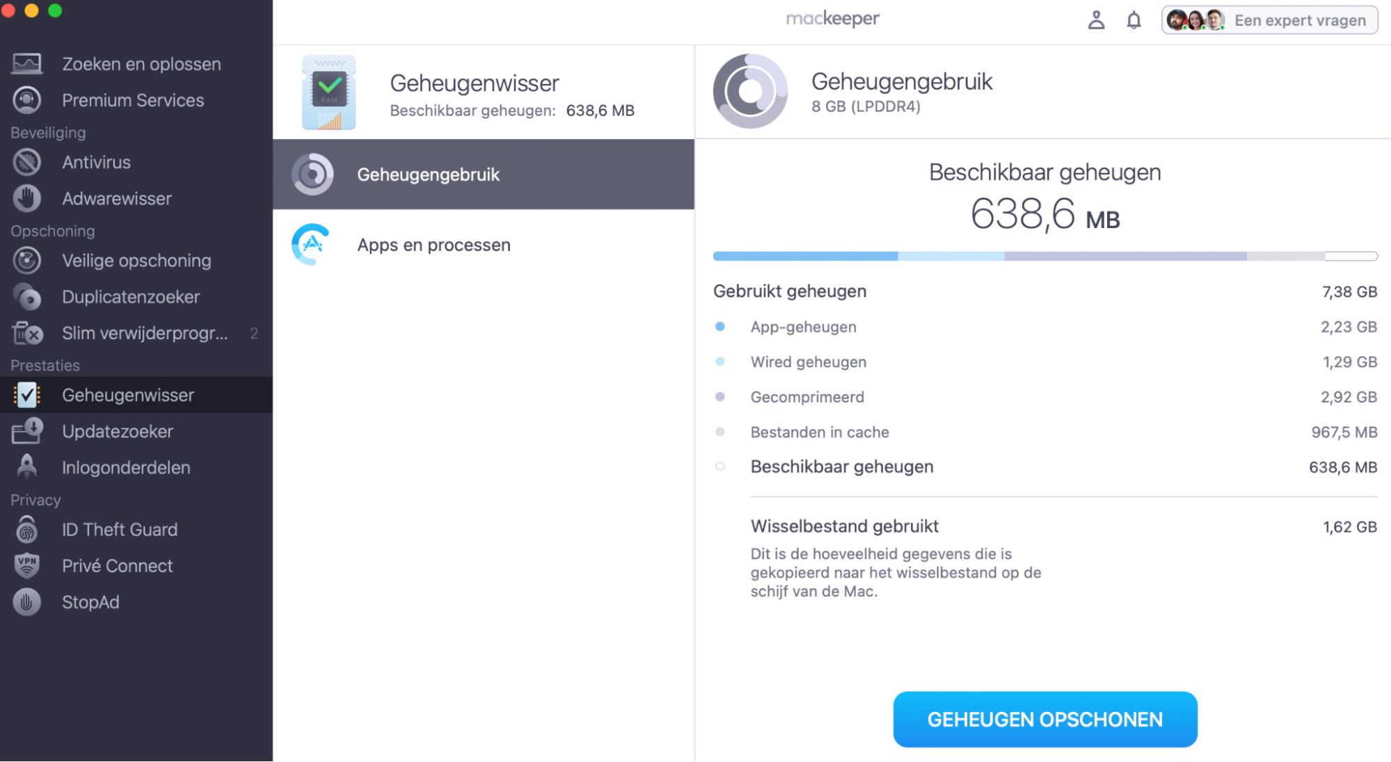 De app van MacKeeper toont de tool Geheugenwisser terwijl deze het systeem en het geheugengebruik scant.
