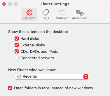 In the Finder Settings window, click on the General tab, then under 'Show these items on the desktop', make sure that 'External disks' is checked. In the Finder Settings window, click on the General tab, then under 'Show these items on the desktop', make sure that 'External disks' is checked.