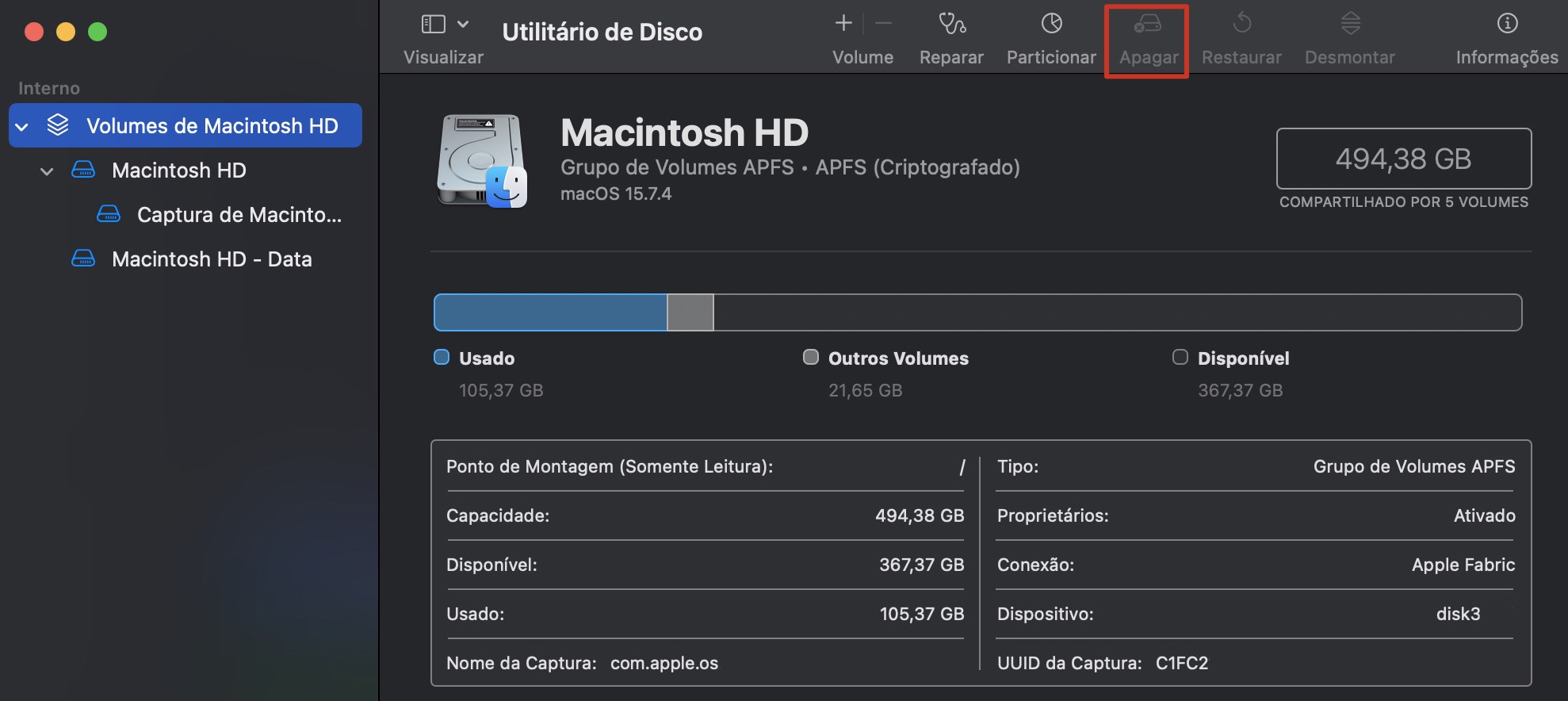 A janela Utilitário de Disco da Apple está aberta na tela de um Mac. A ferramenta Utilitário de Disco permite aos usuários formatar o MacBook para as configurações de fábrica.