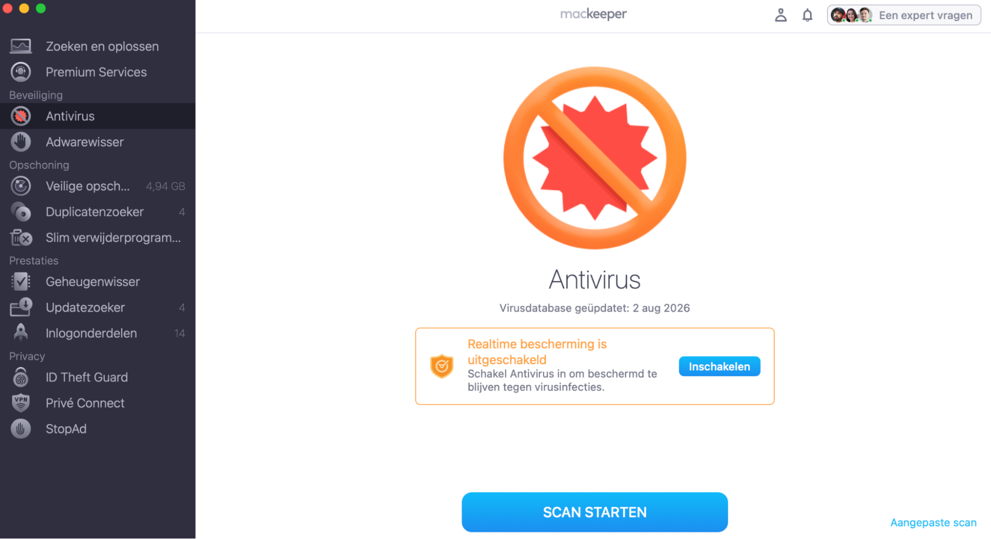 De MacKeeper-applicatie is geopend op een Mac en het Antivirus-hulpprogramma is geselecteerd. De gebruiker moet op de knop Scan Starten klikken om te beginnen met het controleren van zijn apparaat op malware.