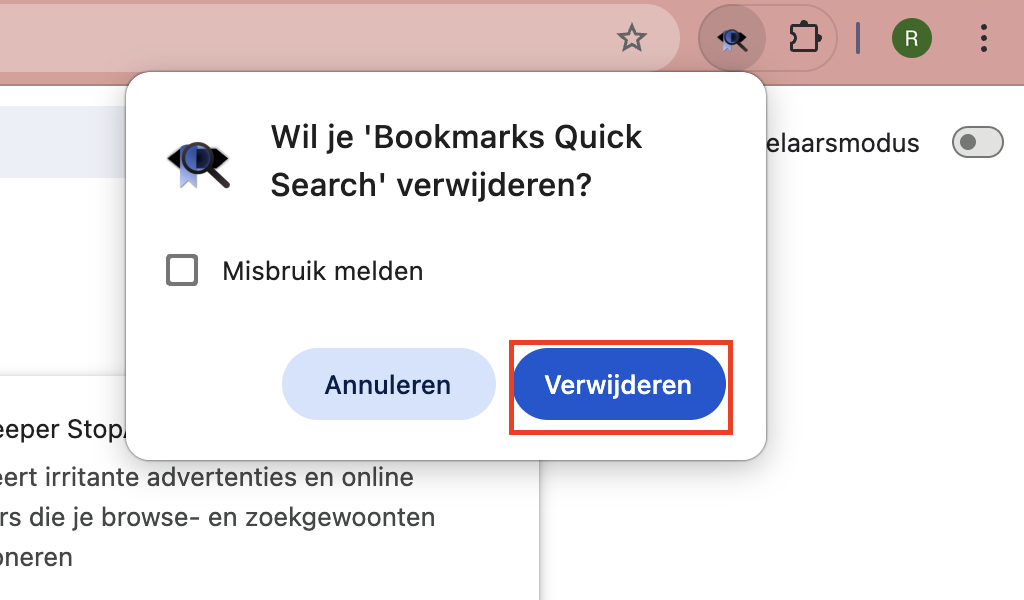 Om het verwijderen van je Chrome-extensie(s) op je Mac af te ronden, klik je in de pop-up op ‘Verwijderen’.