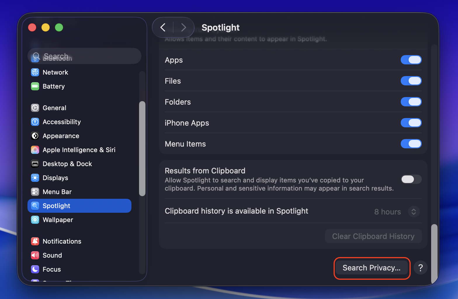 To continue excluding files or folders from Spotlight on your Mac, in the Spotlight window, find the Search Privacy option and choose it.