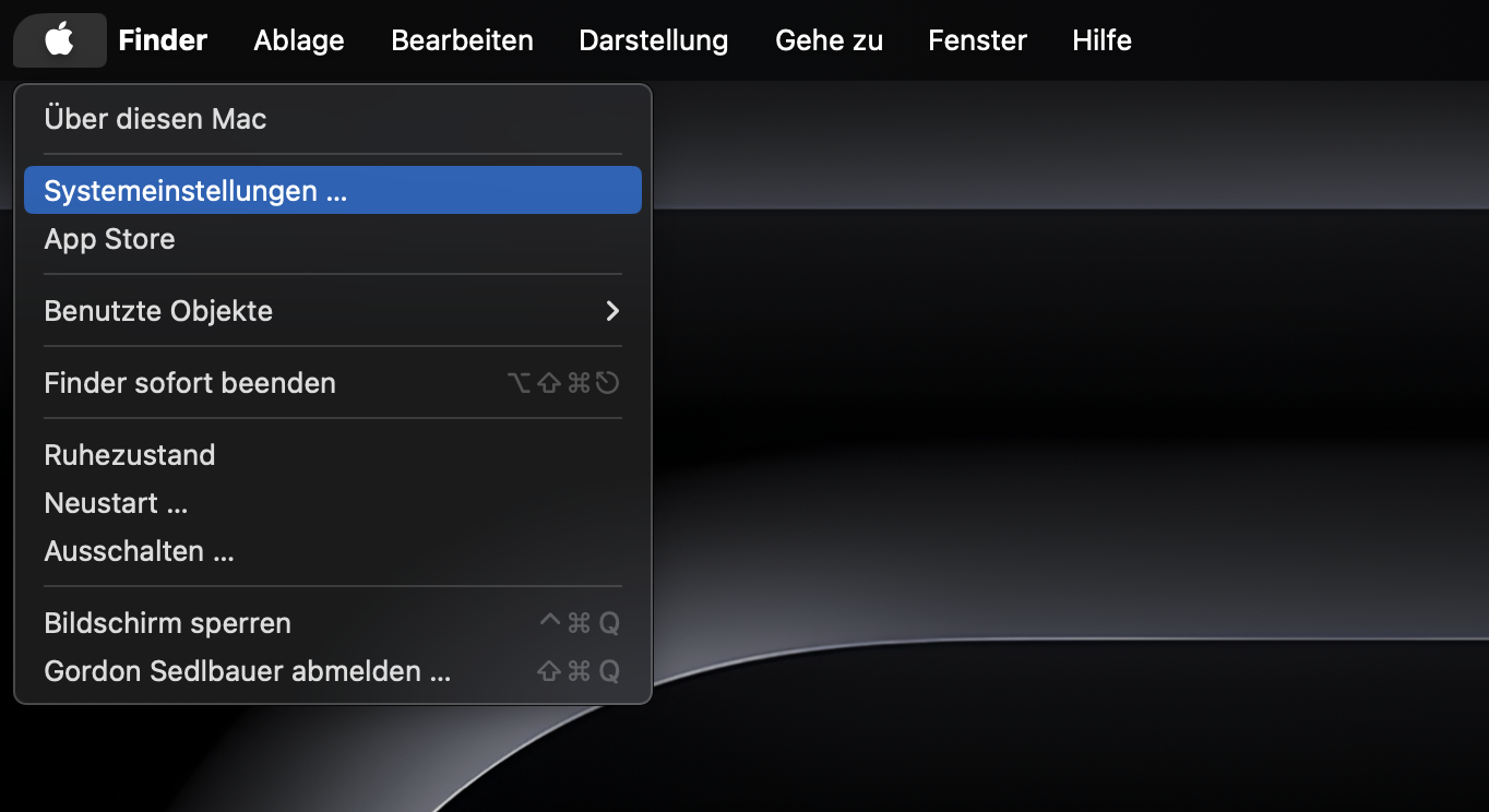 Das Apple-Menü auf dem Mac, das einige Systemoptionen anzeigt. Klicken Sie auf Systemeinstellungen, um zu den Systemprofilen zu gelangen, wo Sie bösartige Profile von Ihrem Computer entfernen können.