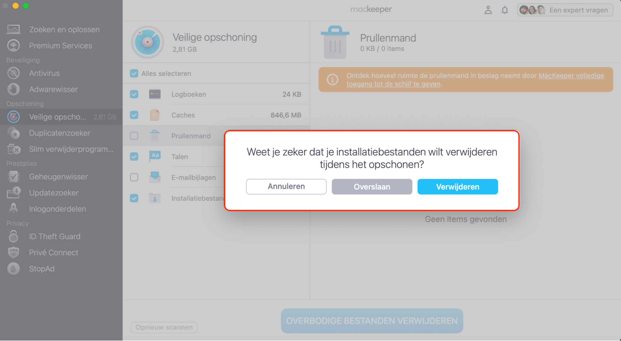 Met MacKeeper kun je tijdens het gebruik van Veilige Opschoning ook de Prullenmand legen. Dat hoeft niet per se , kies gewoon de optie die het beste bij je past.