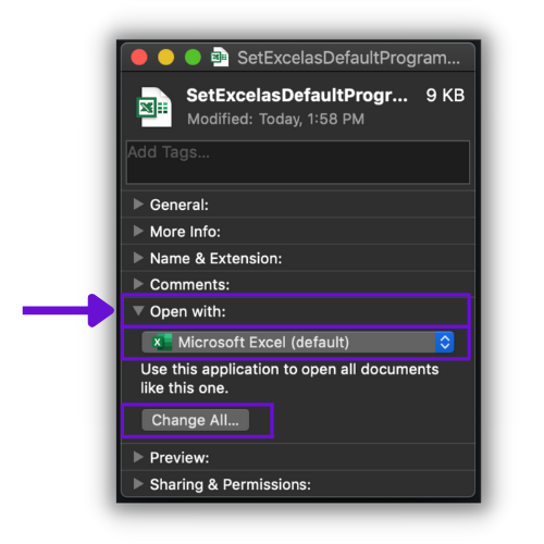 In the Get Info section, find the Open With option in the window, and select Microsoft Excel to make it the default on your Mac, then click Change All to make it work for all files with the same extensions.