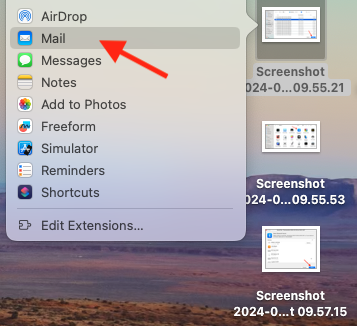 Het Deel-menu op Mac met alle deelopties. Selecteer Mail om gegevens van Mac naar Mac te verplaatsen via e-mail.
