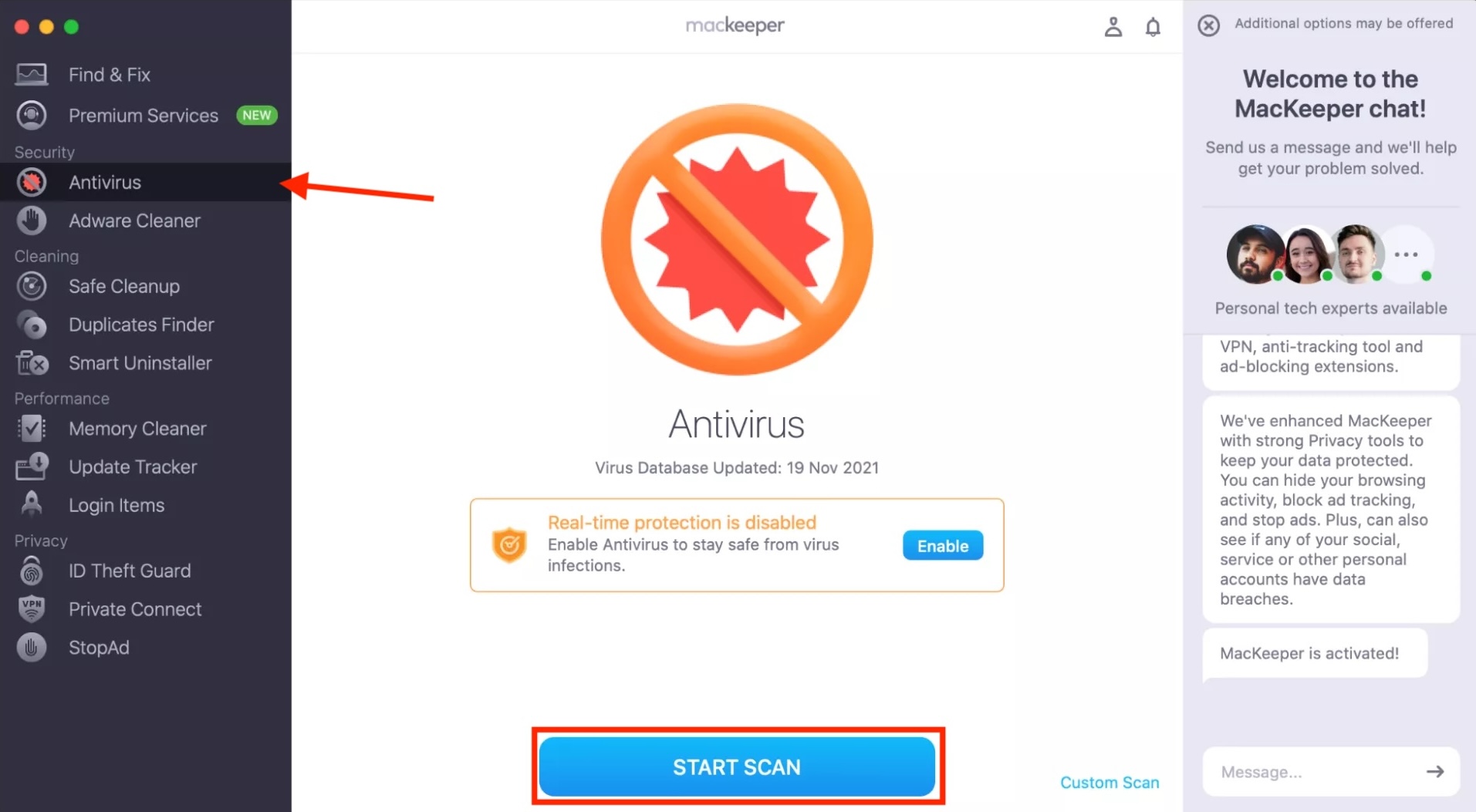 If you want to know where the Applications folder is and you suspect it has been removed by malware or a virus, run an antivirus scan and remove any identified threats. Open MacKeeper, select Antivirus and click Start Scan.