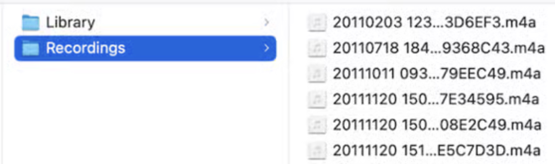 The folder with your voice memo recordings is opened in Finder. Look for your audio recordings in the folder with .m4a files on a Mac.