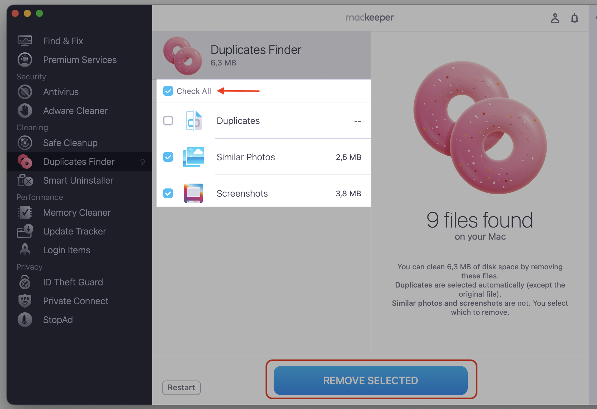 MacKeeper's Duplicate Finder results on a MacBook, where you tick Check All and click Remove Selected to delete duplicates before sharing.