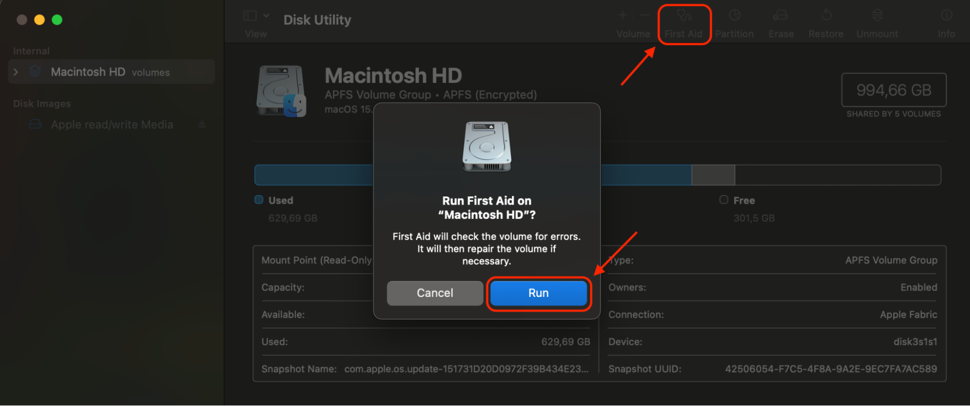 Click First Aid, then select Run to initiate the repair process and check your Macintosh HD for disk errors or potential issues.