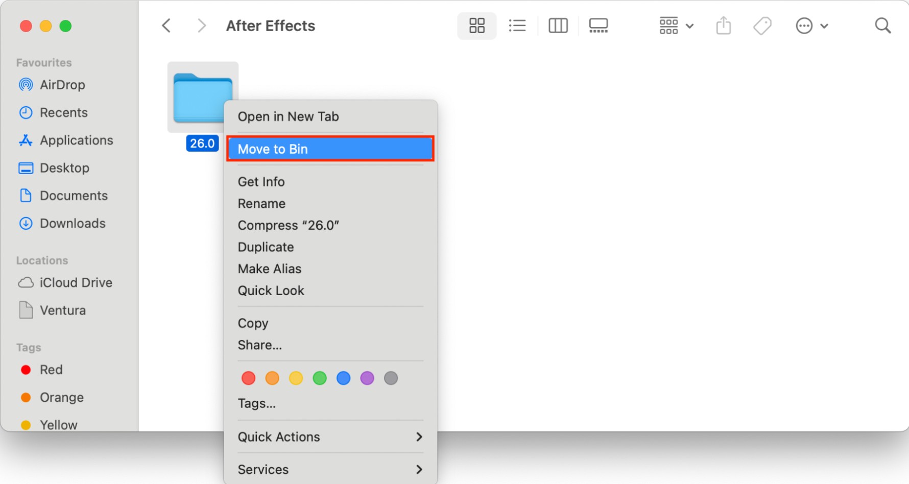 macOS Finder window showing After Effects version 26.0 cache folder with right-click context menu open and Move to Bin option highlighted.