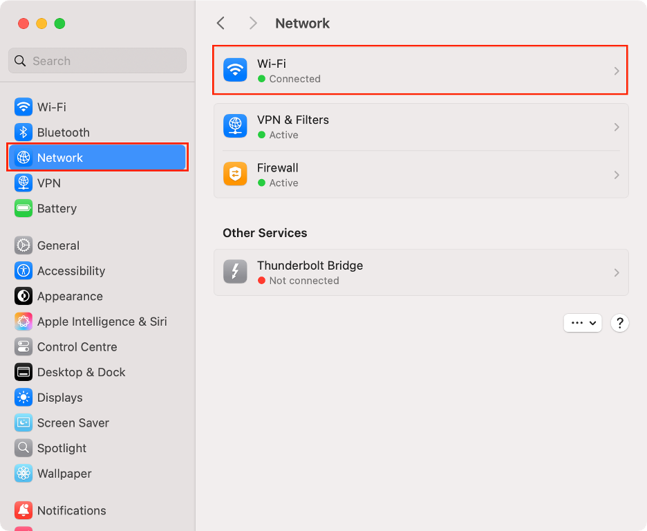 To stop privacy tools from conflicting with iCloud Private Relay, go to System Settings on your Mac, select Network, and choose Wi-Fi.