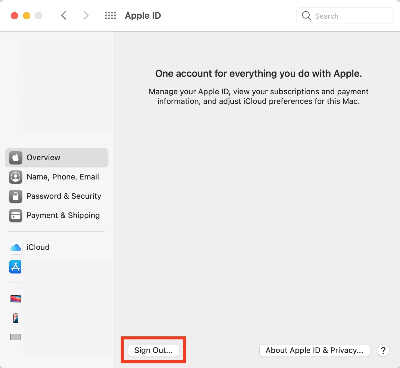 To sign out and back into your Apple ID account on Monterey, select Apple ID > Overview > Sign Out in System Preferences. Keep a Copy of your data.