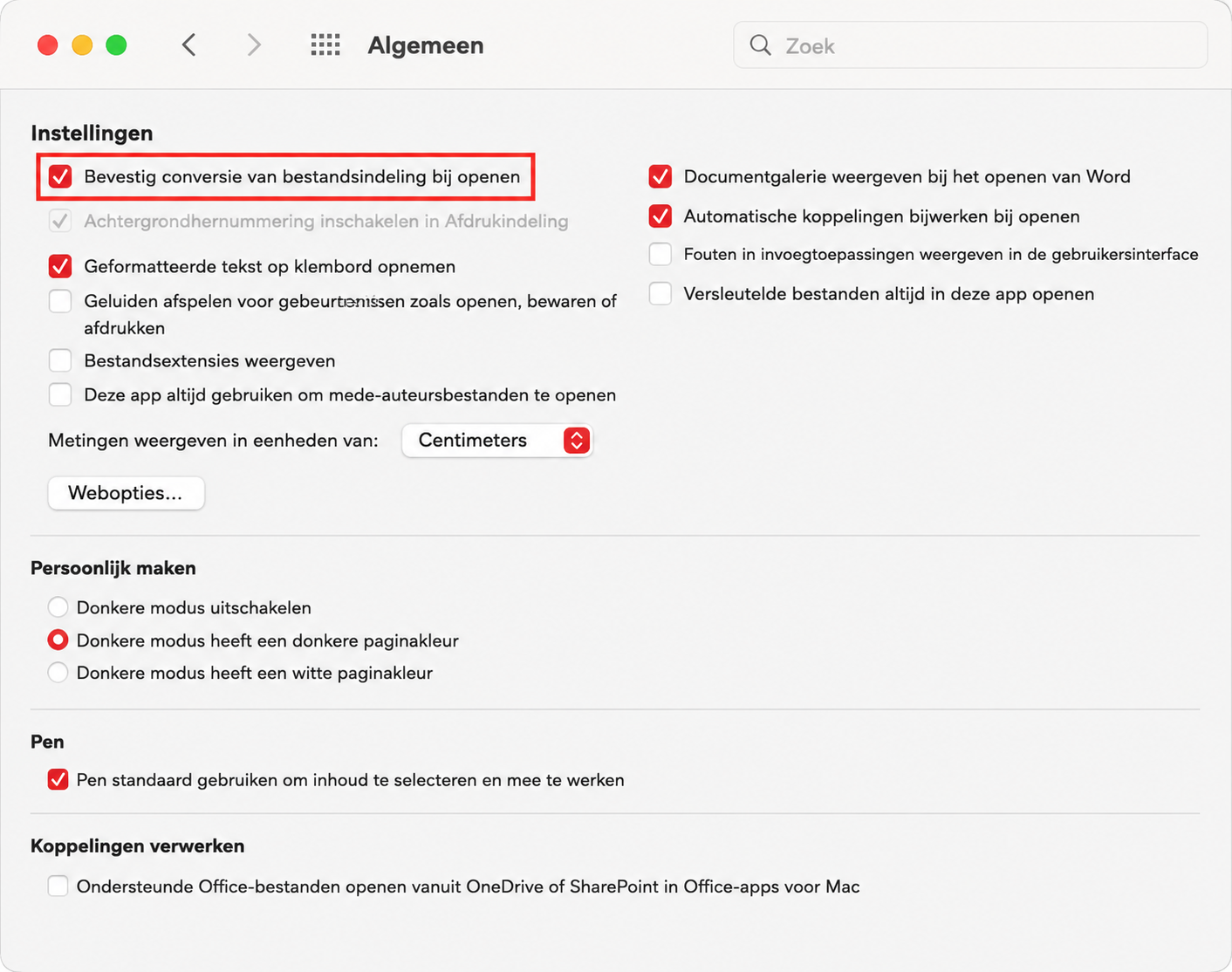 Zorg er in de instellingen 'Algemeen' van Microsoft Word voor Mac voor dat 'Bestandsformaat bevestigen bij openen' is geselecteerd.