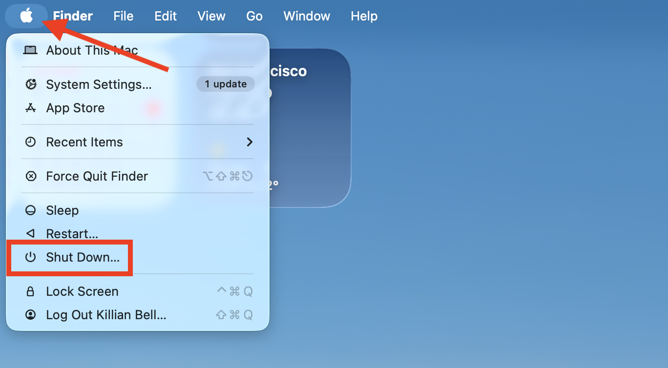 The Shut Down option inside the Apple menu on Mac. To reset your Mac's SMC when you encounter problems with suggestd, first shown down your machine.