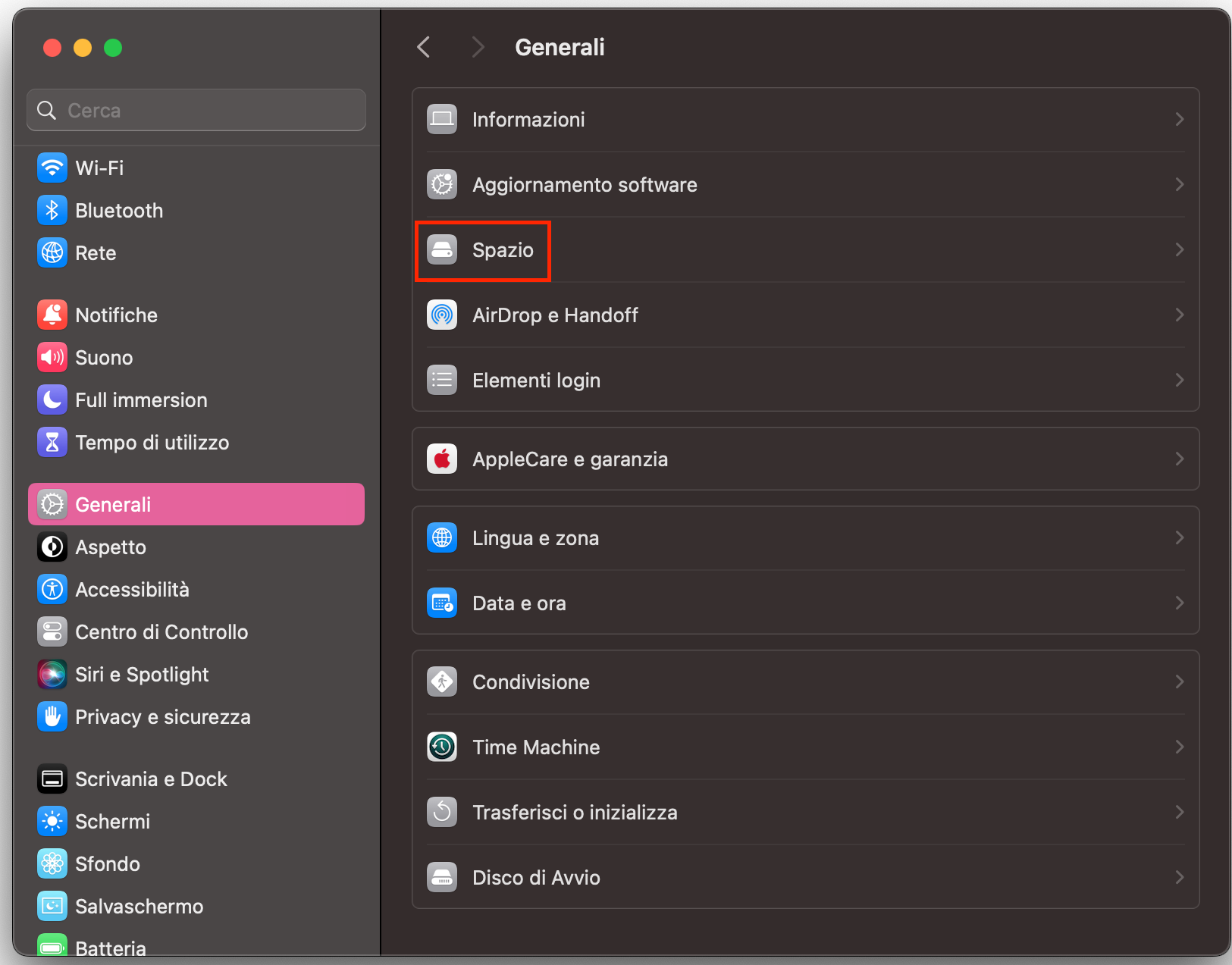 Vai alla scheda Spazio nelle Impostazioni di Sistema.