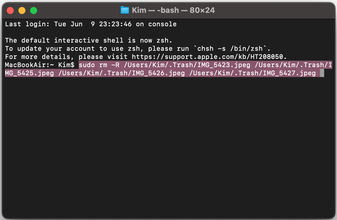 Il Terminale su Mac che mostra il comando sudo rm -R, seguito da una serie di percorsi di file. Per eliminare forzatamente questi file dal Cestino, premi invio, poi inserisci la password del Mac.