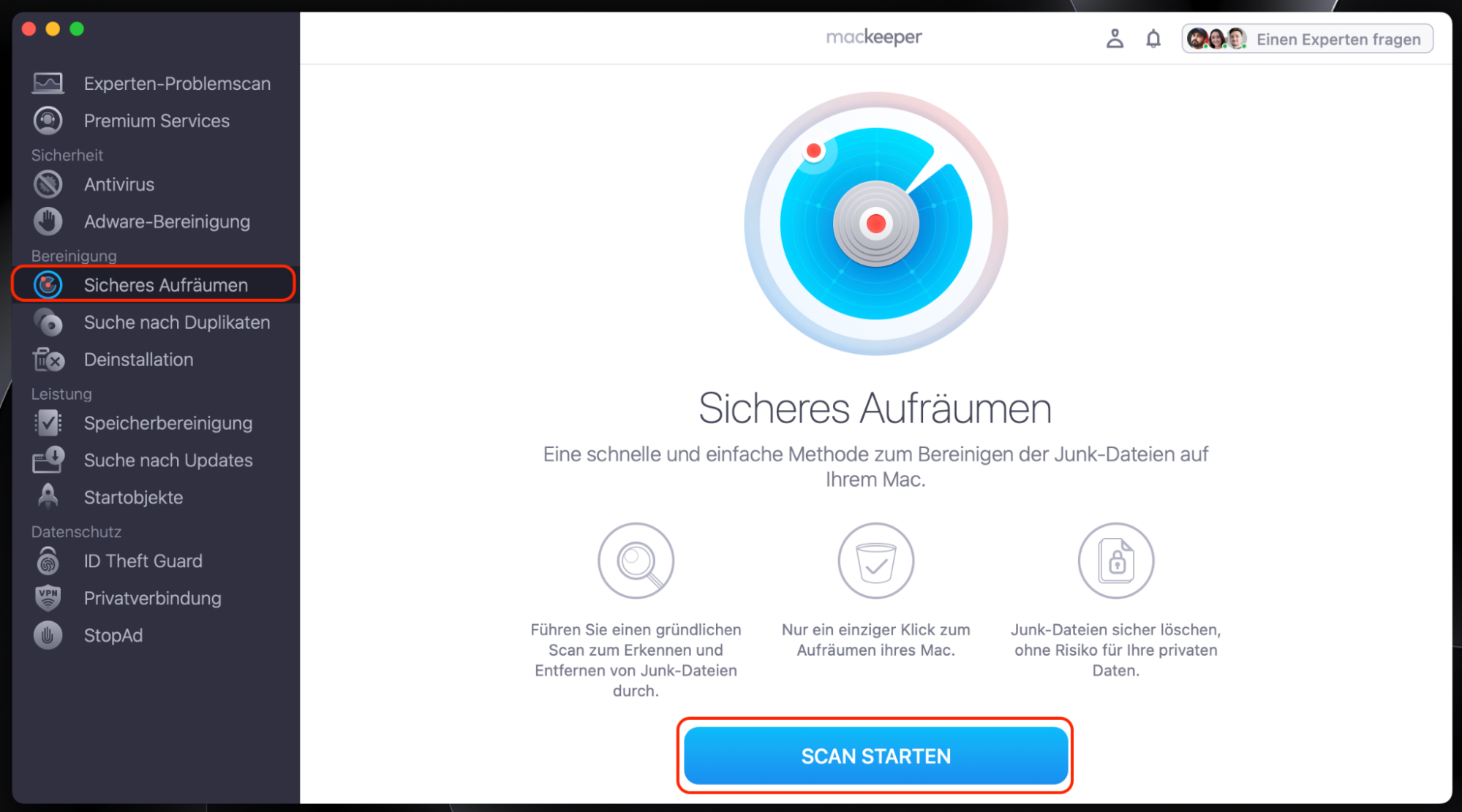 Das Tool Sicheres Aufräumen von MacKeeper wird auf einem Mac angezeigt. Unabhängig davon, ob Sie der Meinung sind, dass macOS 15 es wert ist, wird das Entfernen von Junk-Dateien Ihren Mac optimieren. Das Tool Sicheres Aufräumen von MacKeeper wird auf einem Mac angezeigt. Unabhängig davon, ob Sie der Meinung sind, dass macOS 15 es wert ist, wird das Entfernen von Junk-Dateien Ihren Mac optimieren.