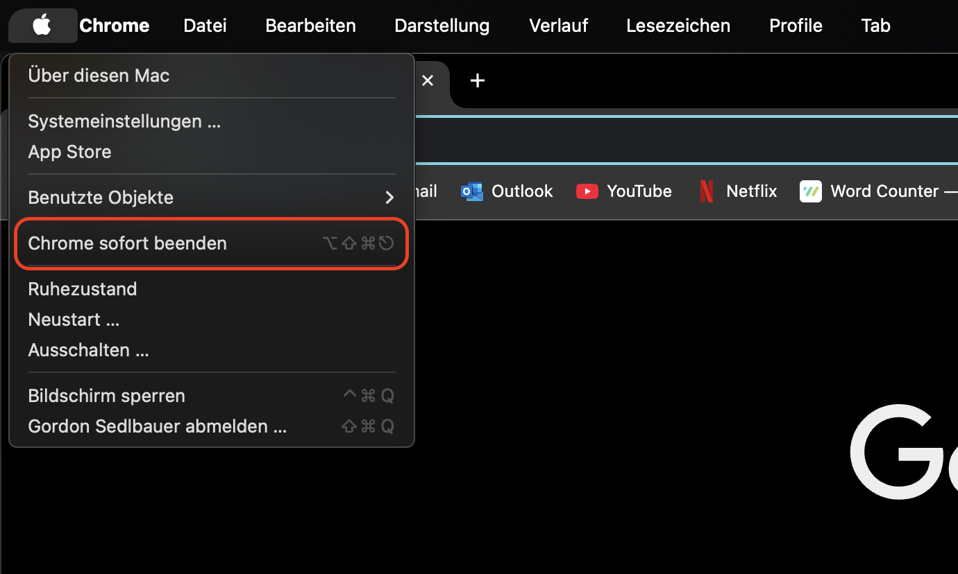Um Chrome sofort zu beenden, klicken Sie auf das App-Logo und dann auf Chrome sofort beenden.
