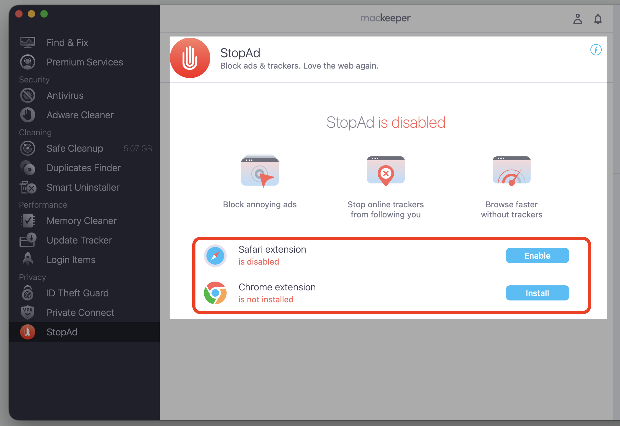 The Safari Extensions tab in macOS System Settings with every MacKeeper's StopAd checkbox ticked to enable ad blocking on an Apple computer.