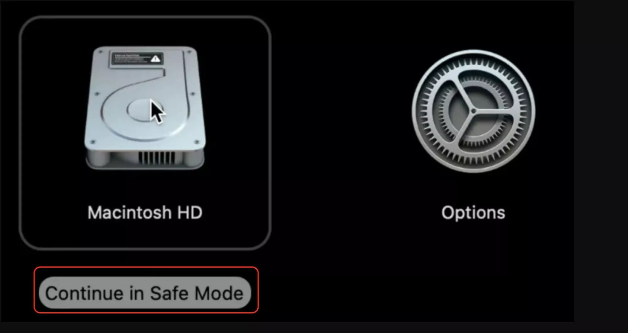Select your startup disk, hold the Shift key, and click Continue in Safe Mode to start your Mac with only essential system components loaded.