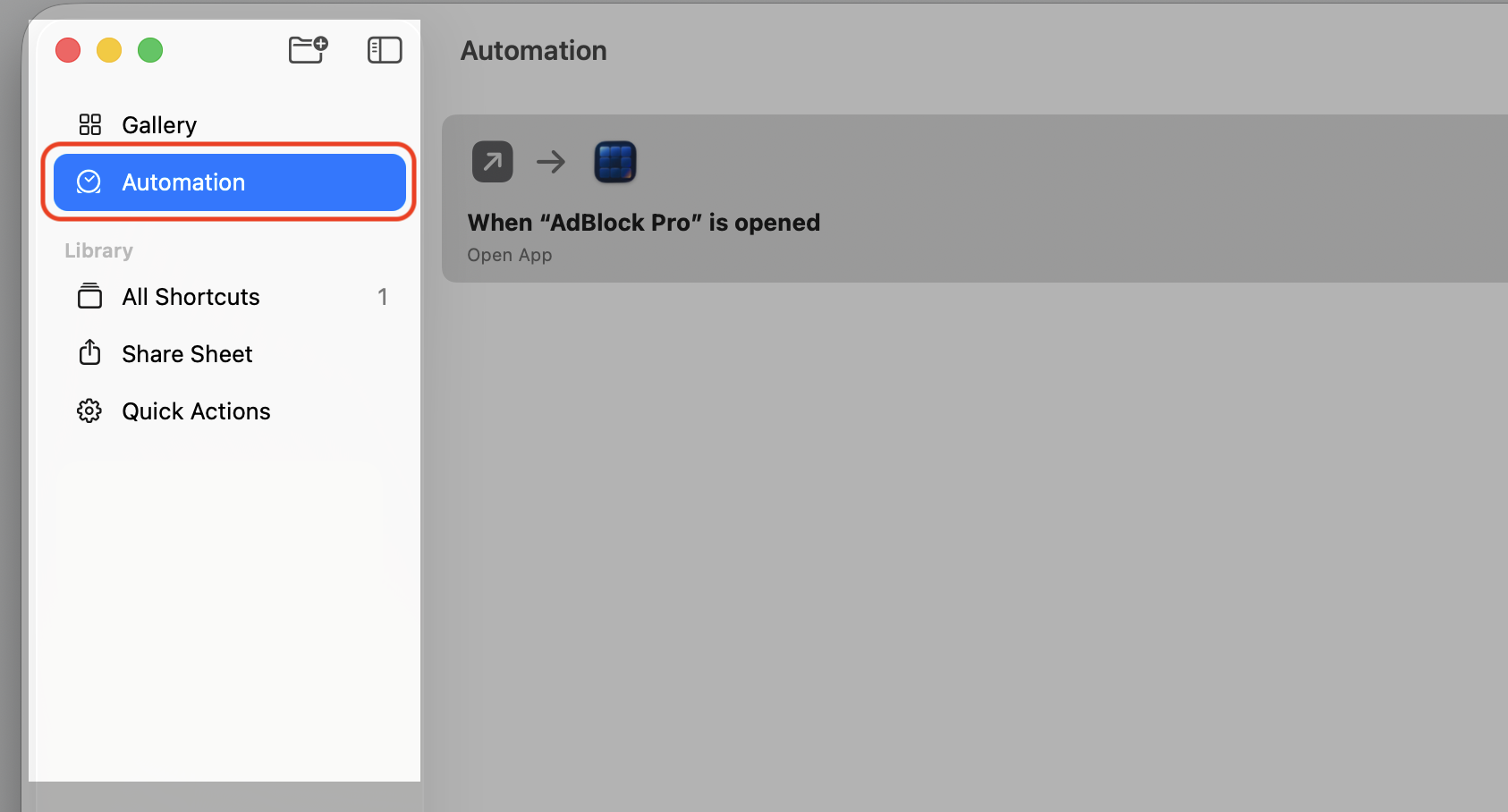 Selecting the Automation tab in the Shortcuts app sidebar on a MacBook to review tasks keeping backgroundshortcutrunner busy on macOS.