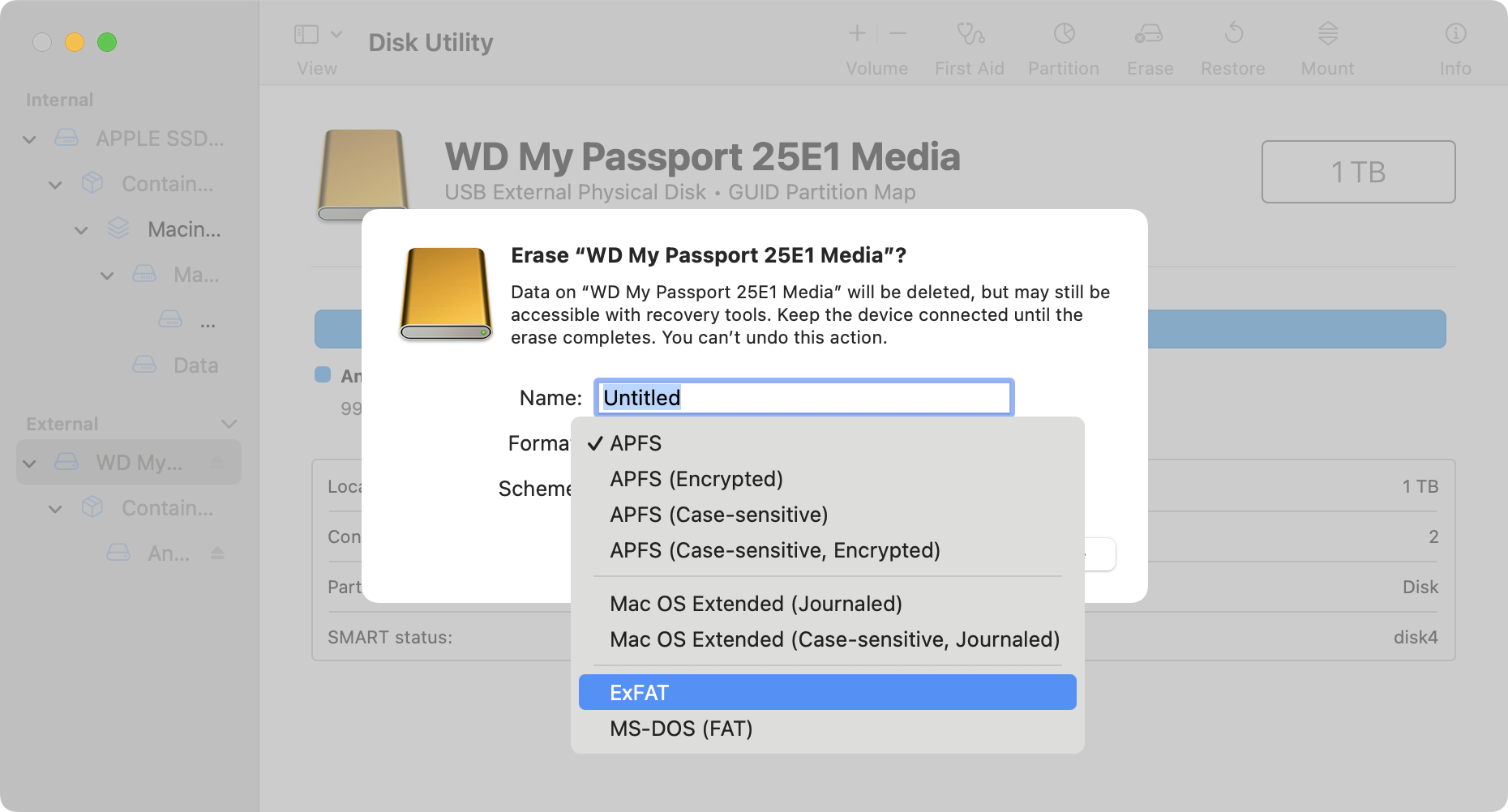 Rename your external drive if you want, then use the dropdown menu to select a 'Format' type. Choose anything other than MS-DOS, and you should be able to transfer large files afterwards.
