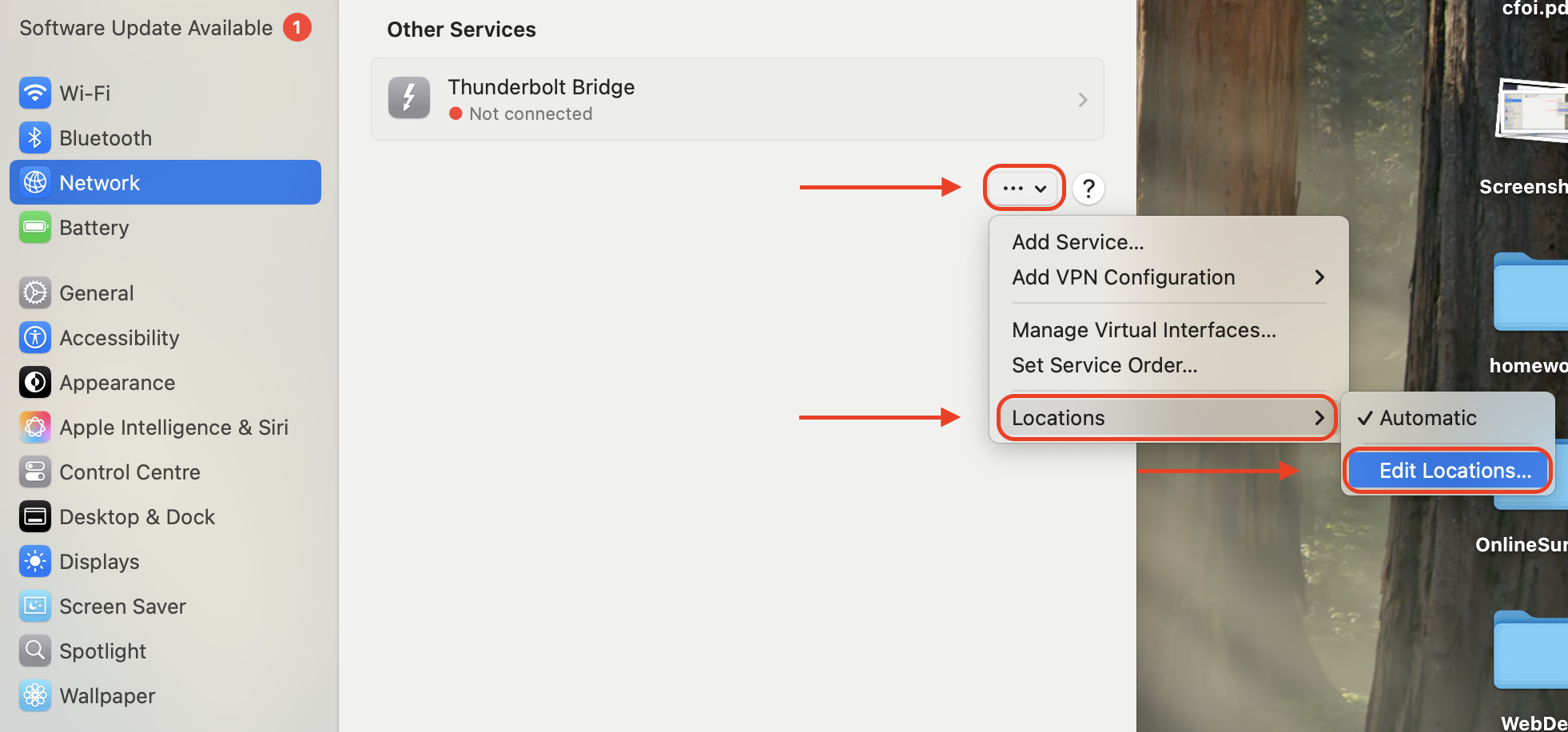 Click the three dots menu in the Network section, then select Locations and choose Edit Locations to manage or add a new network profile.