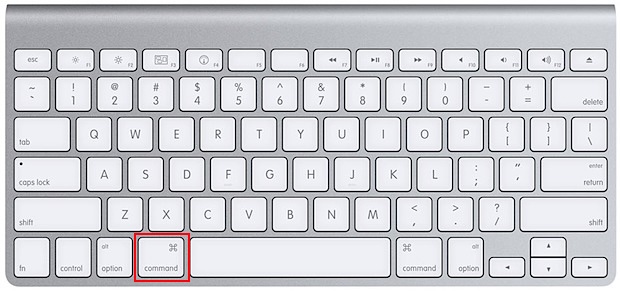Apple laptop keyboard with the Command key highlighted, the first step to drag and rearrange Dropbox in the Mac menu bar.