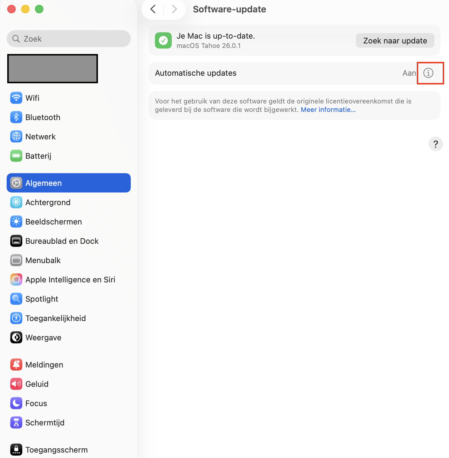 Bovenaan het venster zie je Automatische updates. Klik op het i-pictogram om meer informatie over de updates te bekijken.