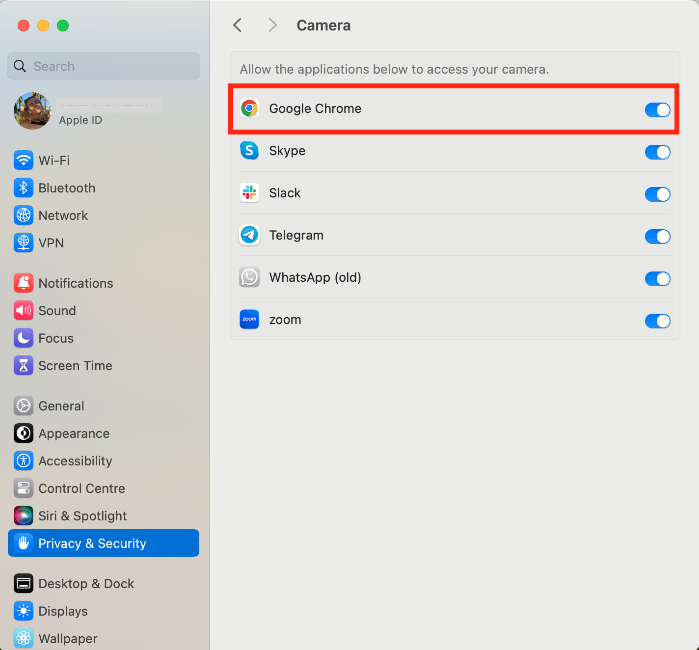 Google Chrome is listed under Camera permissions with a Quit & Reopen prompt, part of the steps to add Chrome to Security and Privacy on Mac.