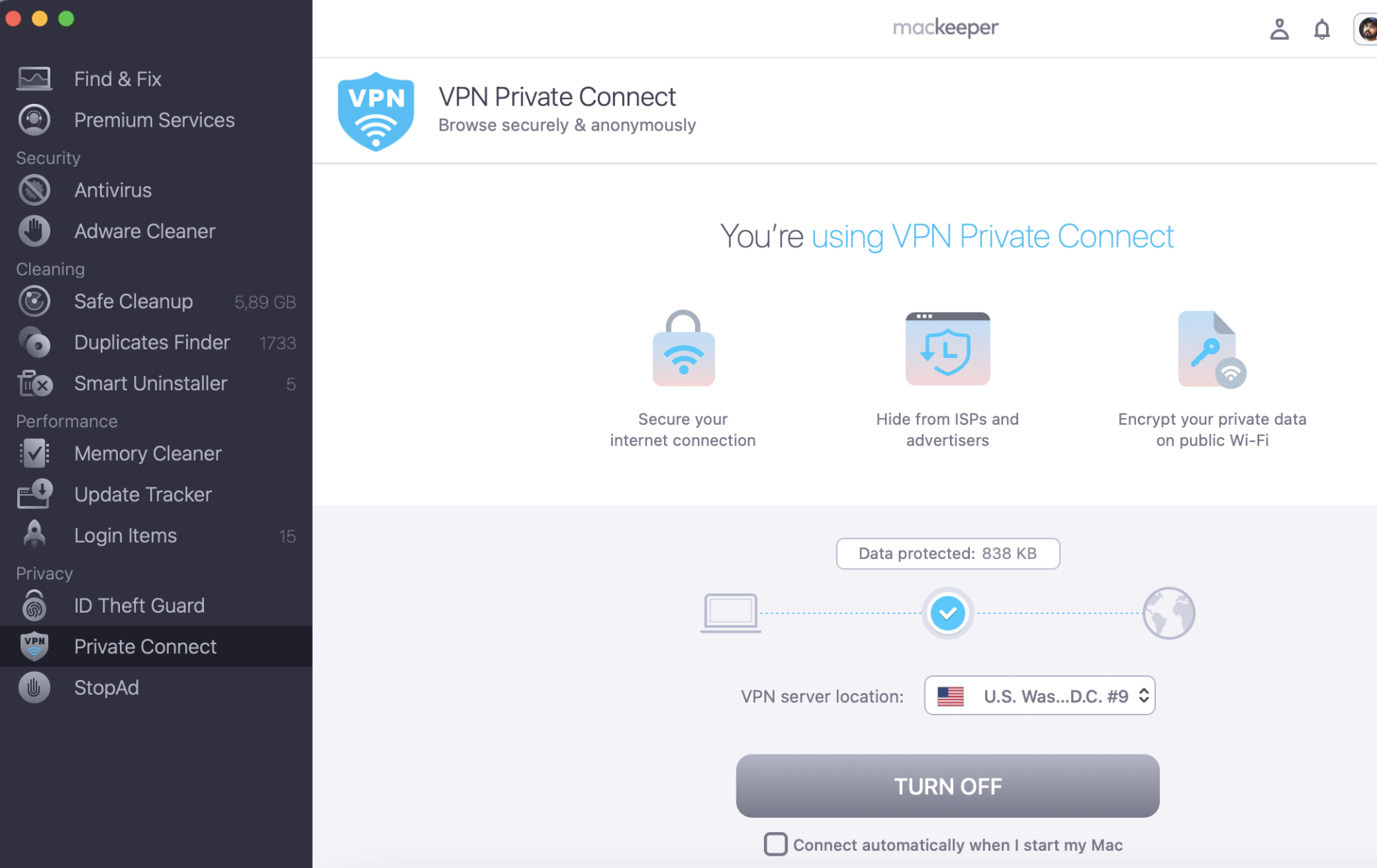 When you complete browsing, click Turn Off to disable the VPN connection.