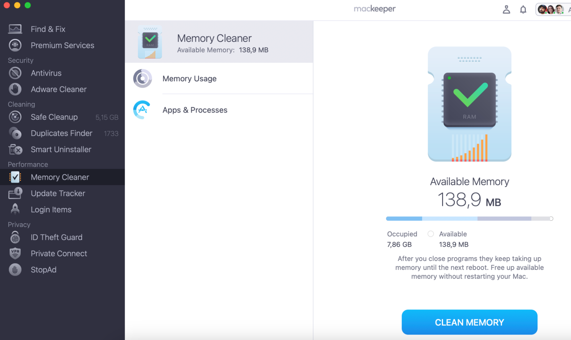 Click Clean Memory and wait until MacKeeper finishes getting rid of unnecessary files.